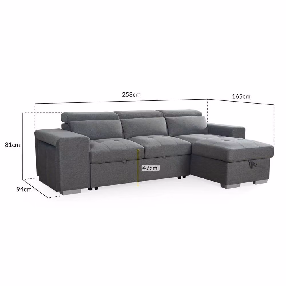 Furnishings For Less UK Astrix Grey Fabric Reversible Corner 3-4 Seater Sofa Bed with Adjustable Headrest and Removable Covers W/D/H: 258 x 165 x 81 cm – 2