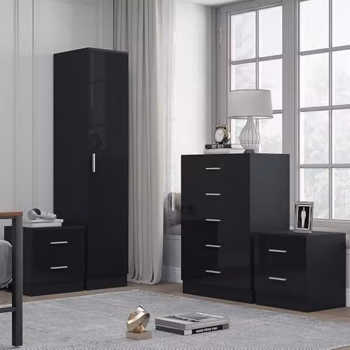Reflect Modern Bedroom Furniture Set in Black Gloss and Black Oak Finish, Including 1 Door Wardrobe, 5 Drawer Chest and 2 Bedside Tables – 1