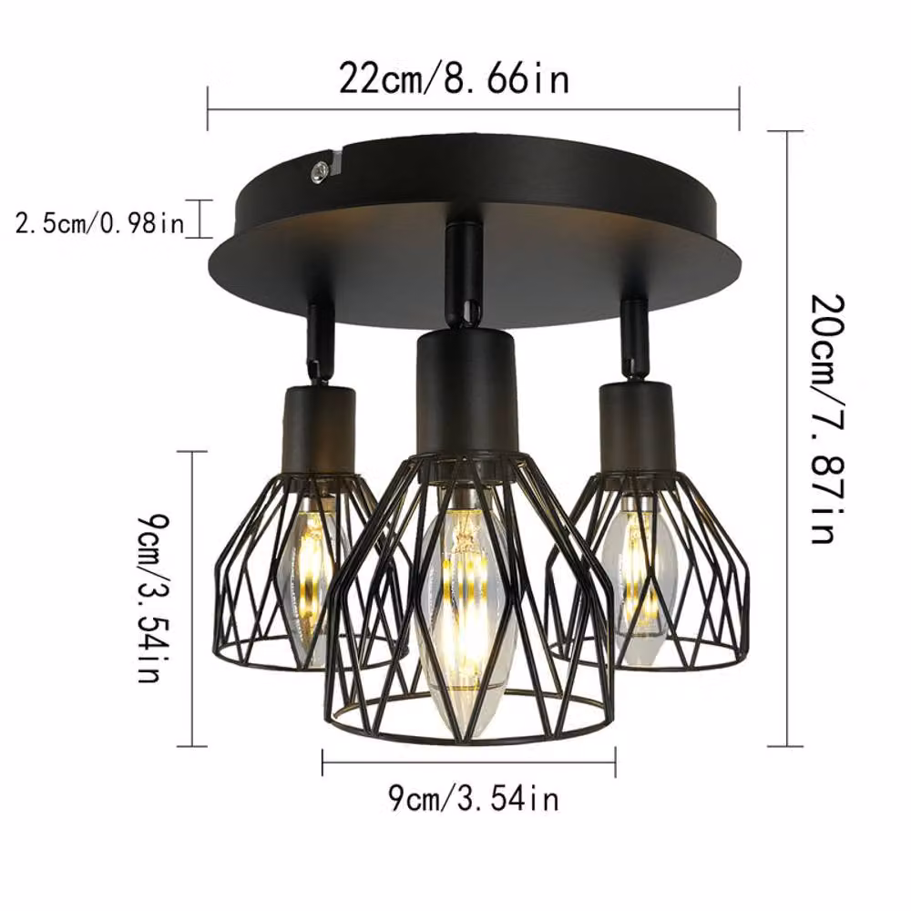 NIVOR Sputnik Black Caged 3-Light Industrial Semi Flush Mount Ceiling Chandelier, Diameter: 22 cm – 2