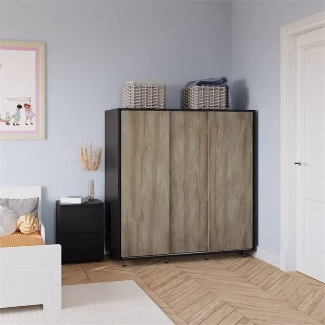 FORGEVIO Modern Bedroom Wardrobe with Hanging Rail and Oak Doors in Black and Light Oak – 1
