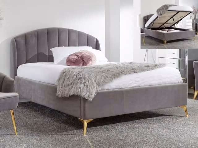 GFW Pettine Grey Velvet Upholstered Ottoman Storage Bed Frame, Double 140 x 200 cm – 1