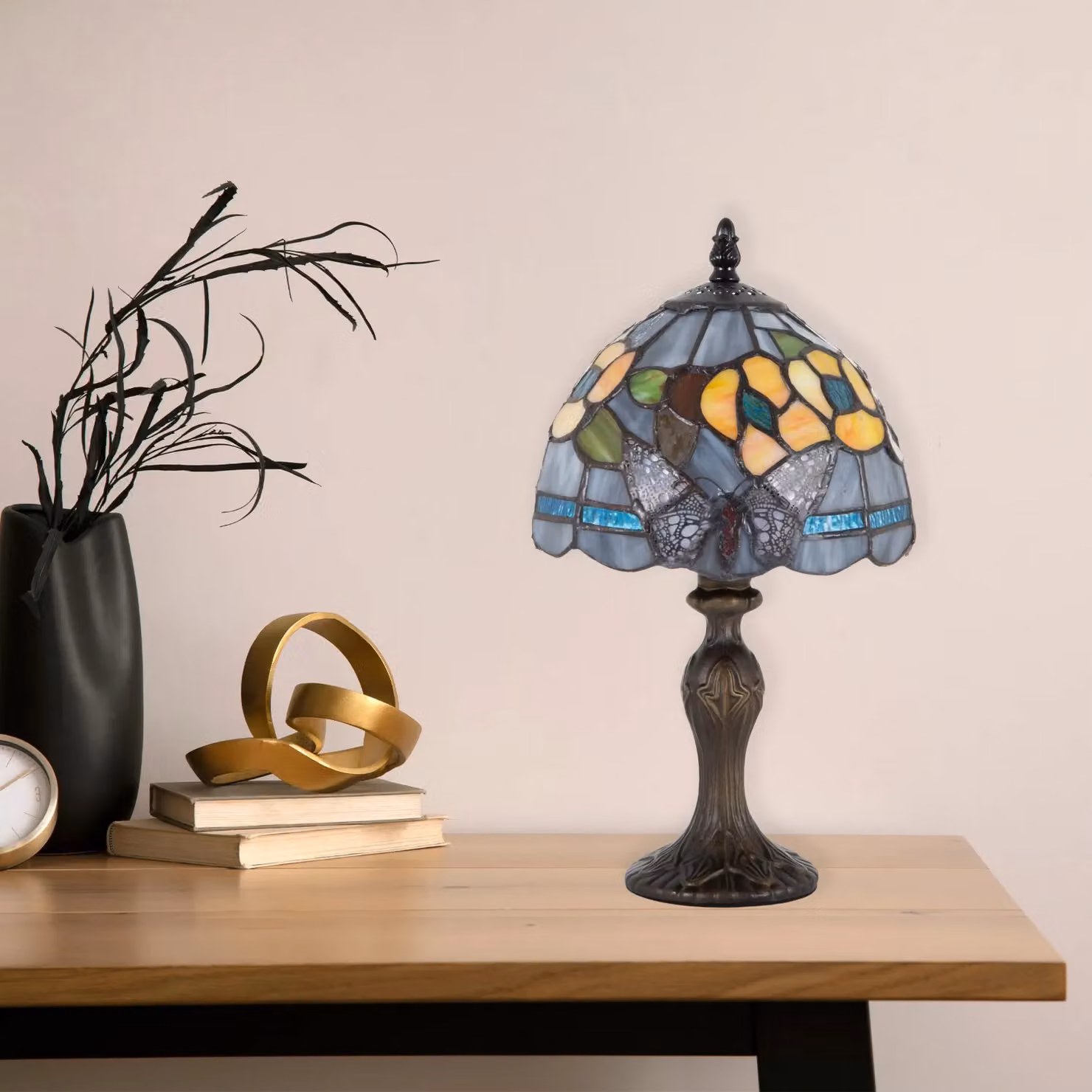 Happy Homewares Purple Stained Glass Butterfly Tiffany Table Lamp with Bronze Base and Multicolour Accents H: 35.0 cm – 5