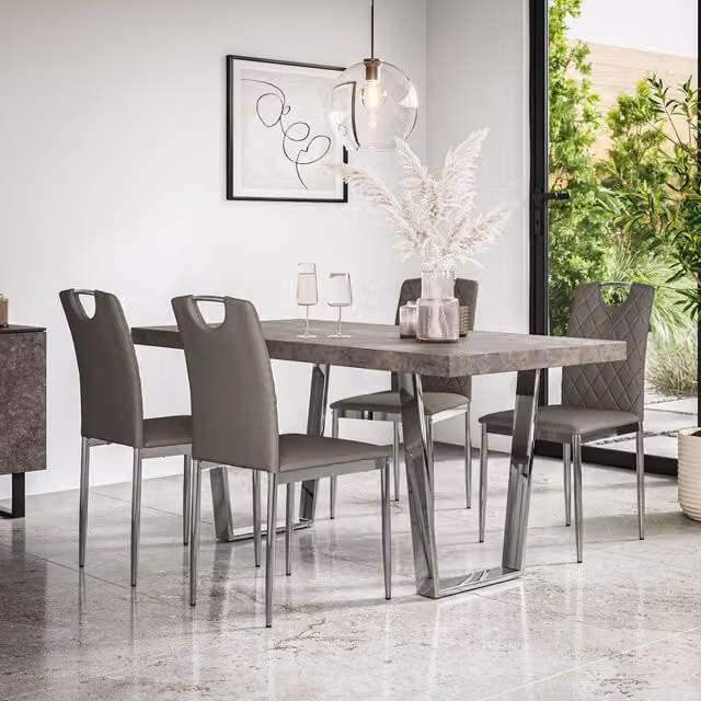 More4Homes Aria Dining Table and Monza Faux Leather Chairs Set of 6, Grey Concrete Effect and Chrome