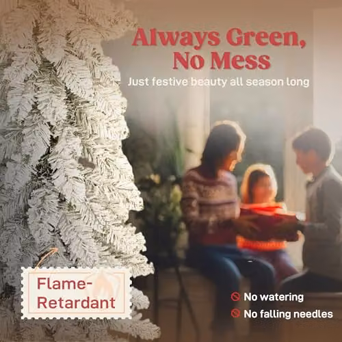 HOMCOM Set of 3 Flocked Slim Downswept Christmas Trees in White and Green, H: 91 cm, H: 122 cm, H: 152 cm – 3