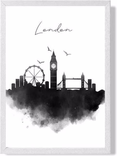 ARTZE London Watercolour Skyline City Framed Print, Black and White, A3
