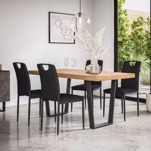 More4Homes Aria Dining Table and Monza Faux Leather Chair Set, Oak Effect Table with Black Legs and 4 Chairs