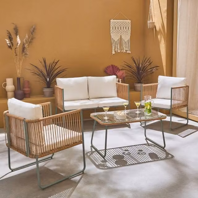 Sweek 4-Seater Modern Garden Sofa Set with Plastic Rope and Galvanised Steel in Khaki and Beige