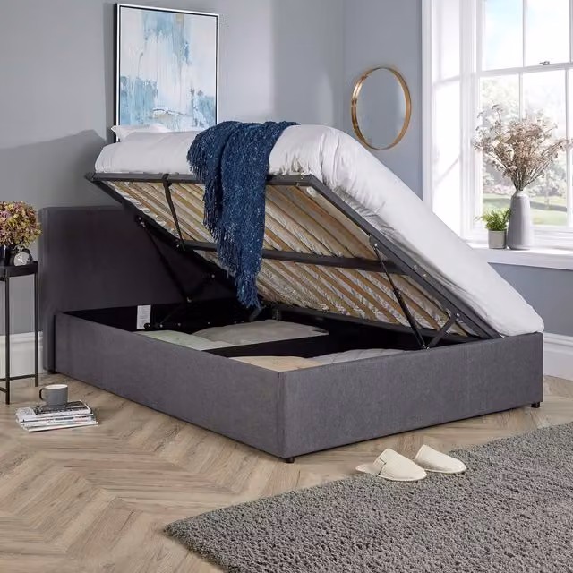 Home Source Horizon Ottoman Side Gas Lift Bed Frame in Grey, Small Double, W/D/H: 120 x 200 cm