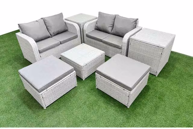 Fimous 6-Seater Rattan Garden Set in Grey with Coffee Table, 2-Seater Sofa and Ottoman