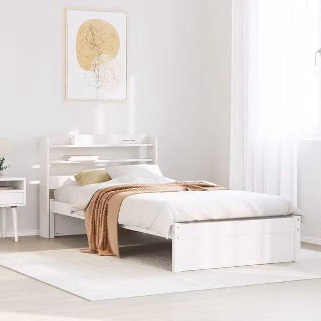 Berkfield Home Small Single Bed Frame with Headboard and Side Compartments in White Rustic Pine Wood, W/D/H: 75 x 190 x 75 cm