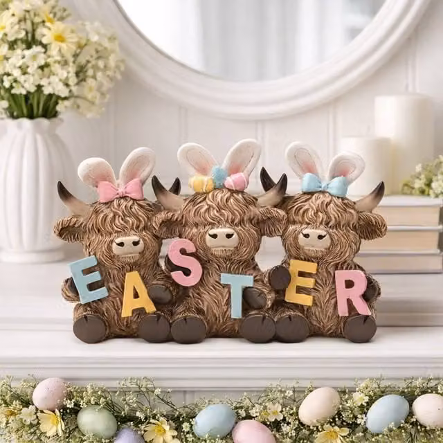 Eggs-traordinary Gift Co Highland Cows Easter Ceramic Figurine in Brown and Multicolour