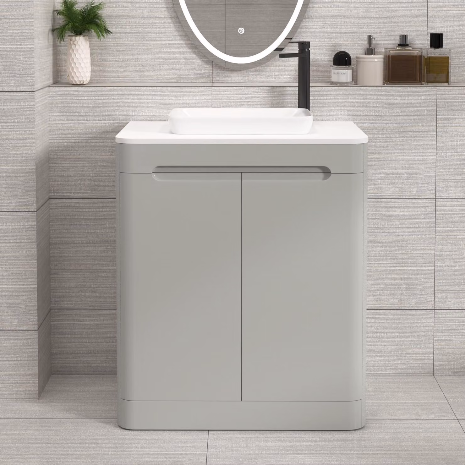 Royal Bathrooms Venice 700mm Floor Standing 2 Door Vanity Unit in Dove Grey with Plain White Worktop and Qubix Basin