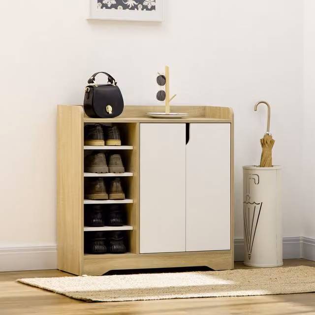 HOMCOM Modern 4-Tier Shoe Storage Organizer with Double Hinged Doors and Internal Shelves in Natural Wood Finish