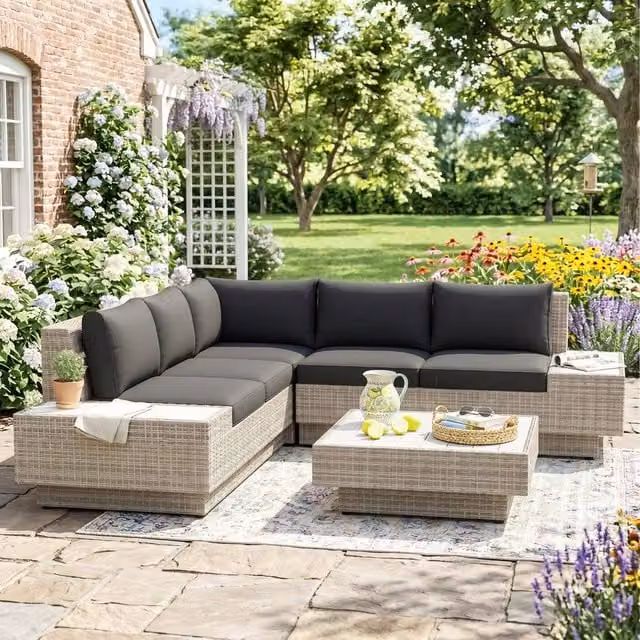 OUTSUNNY 4-Piece Rattan Garden Furniture Sofa Set with Armrest Cushions in Light Grey – 1