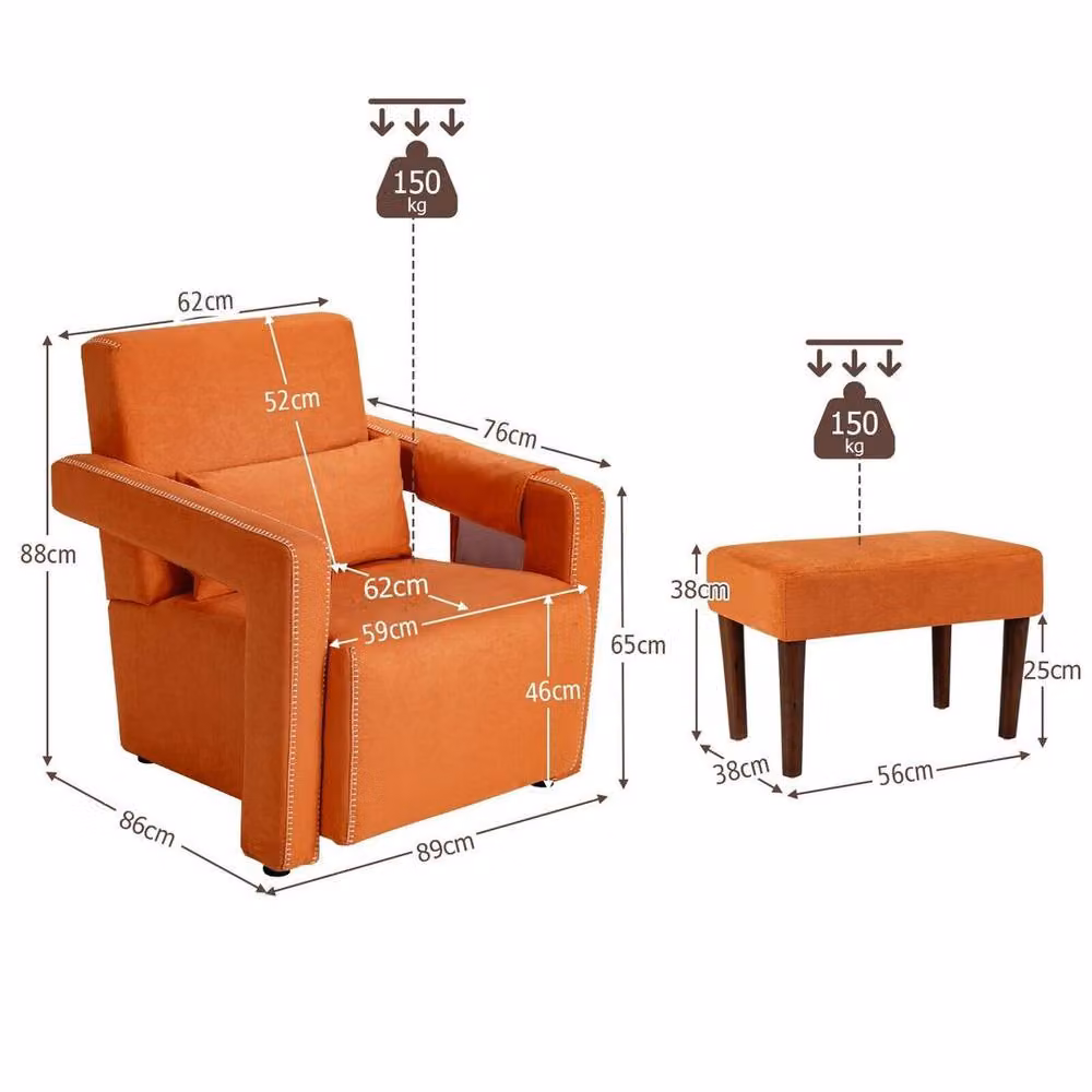 Kelvenix Modern Accent Sofa Chair with Ottoman, Orange Fabric with Solid Wood Frame – 2