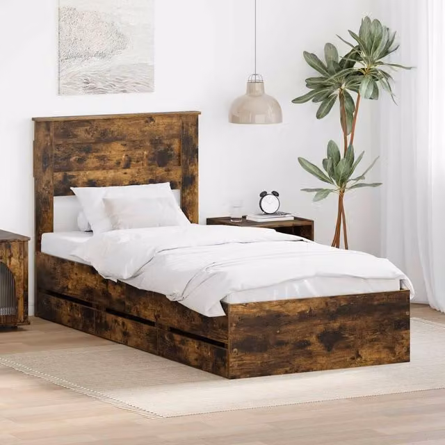 Berkfield Home Modern Bed Frame with Drawers in Smoked Oak Brown, W/D/H: 190 x 75 x 75 cm