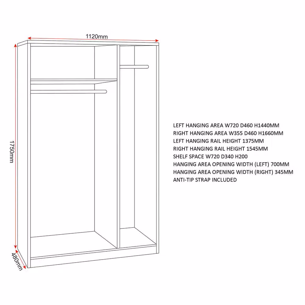 Seconique Denver 3 Door Wardrobe in Grey Gloss with Internal Shelves and Hanging Rod, H 175 cm x W 112 cm x D 48 cm – 5