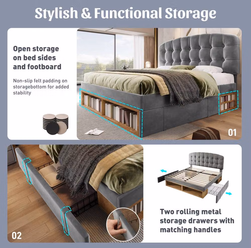 STILVORA Upholstered King Bed Frame with Drawers in Grey, W: 150 cm, D: 200 cm – 5