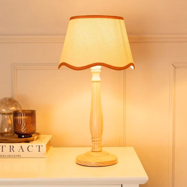 ValueLights Scandinavian Natural Wood Table Lamp with Beige Fabric Cone Shade and LED Bulb – 2