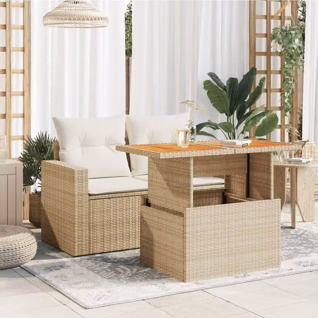 Berkfield Home Beige Poly Rattan and Acacia Wood Garden Table W: 100 cm, D: 55 cm, H: 73 cm – 1