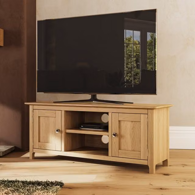 FWStyle Modern Oak Effect 2 Door 1 Shelf TV Unit in Natural Oak and Brown