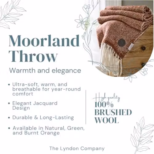 The Lyndon Company Supersoft Moorland 100% Brushed Wool Jacquard Throw Blanket in Natural, Green and Burnt Orange [RUSSET] – 3