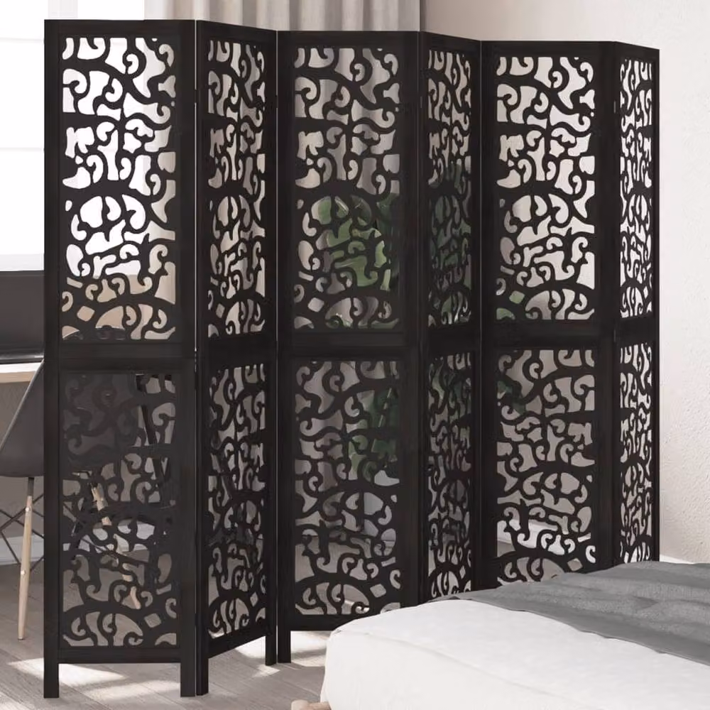 Berkfield Home 6-Panel Room Divider in Black Solid Paulownia Wood, H 215 cm x W 180 cm – 2
