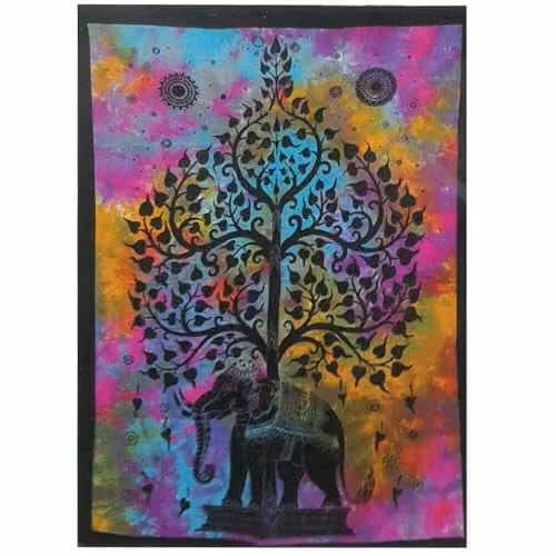 KDMD Elephant Tree Cotton Wall Hanging, Multicolour Floral and Animal Tapestry, W: 112 cm, H: 78 cm