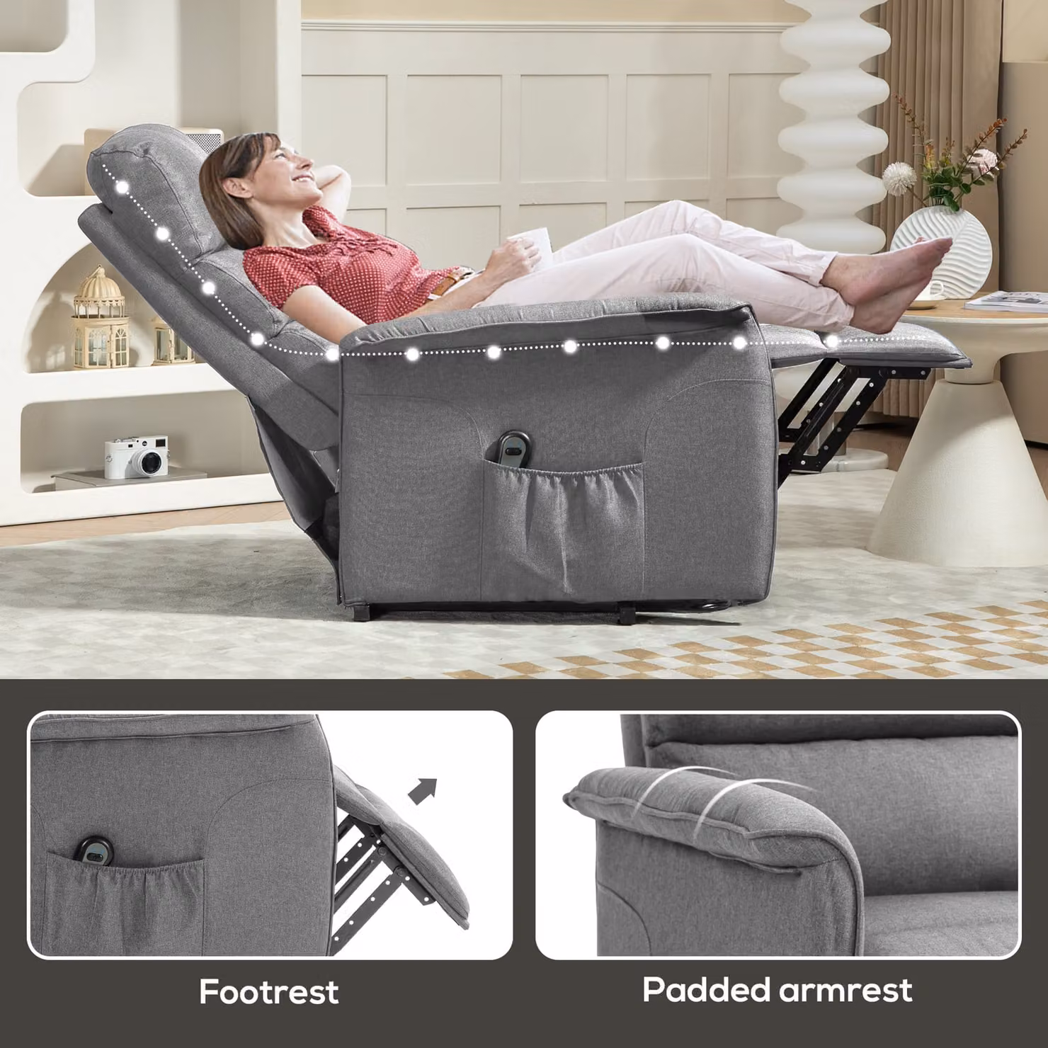 HOMCOM Electric Power Lift Recliner Chair in Grey Fabric with Spring Pack Seat and Footrest for Seniors – 5
