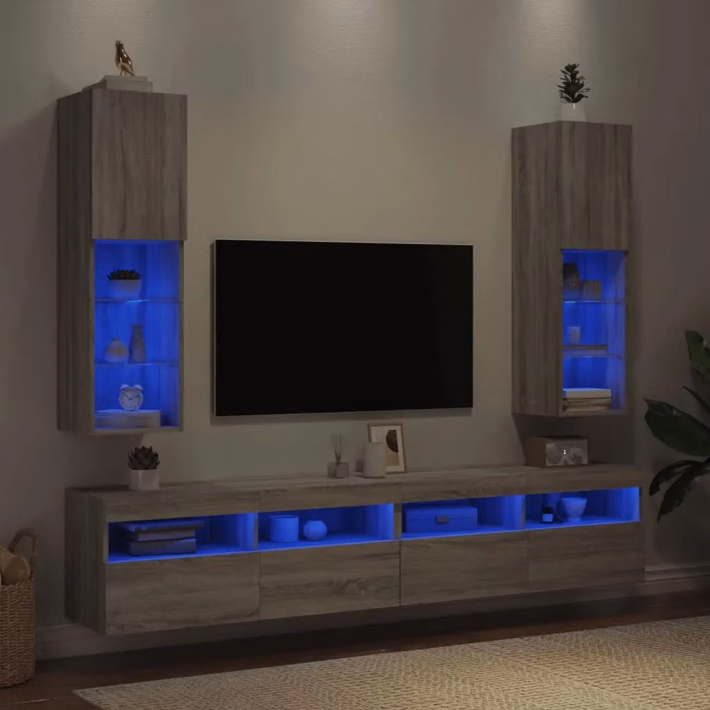 Berkfield Home Set of 2 Modern TV Cabinets with LED Lights in Grey Sonoma, W/D/H: 30.5 x 30 x 102 cm – 2