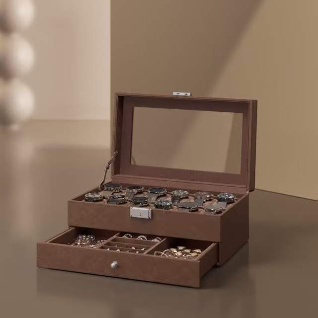 SONGMICS 12-Slot Watch Box with Glass Lid and Drawer in Bronze