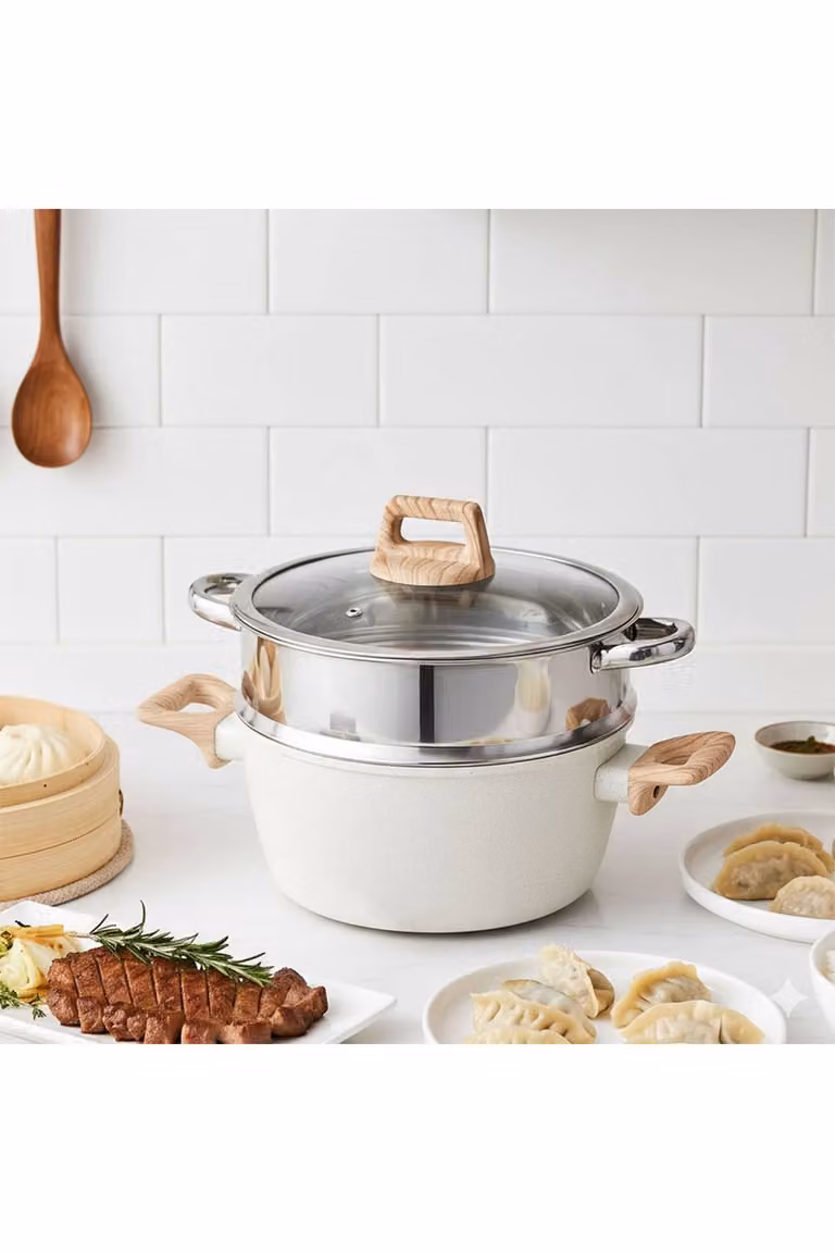 Living and Home 12-Piece Non-Stick Cookware Set in Beige and White including Saute Pan, Frying Pan, Saucepan and Steamer Insert