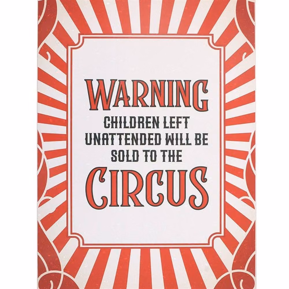 Uniqueful Circus Warning Metal Hanging Wall Sign in Red and Striped Retro Typography – 2