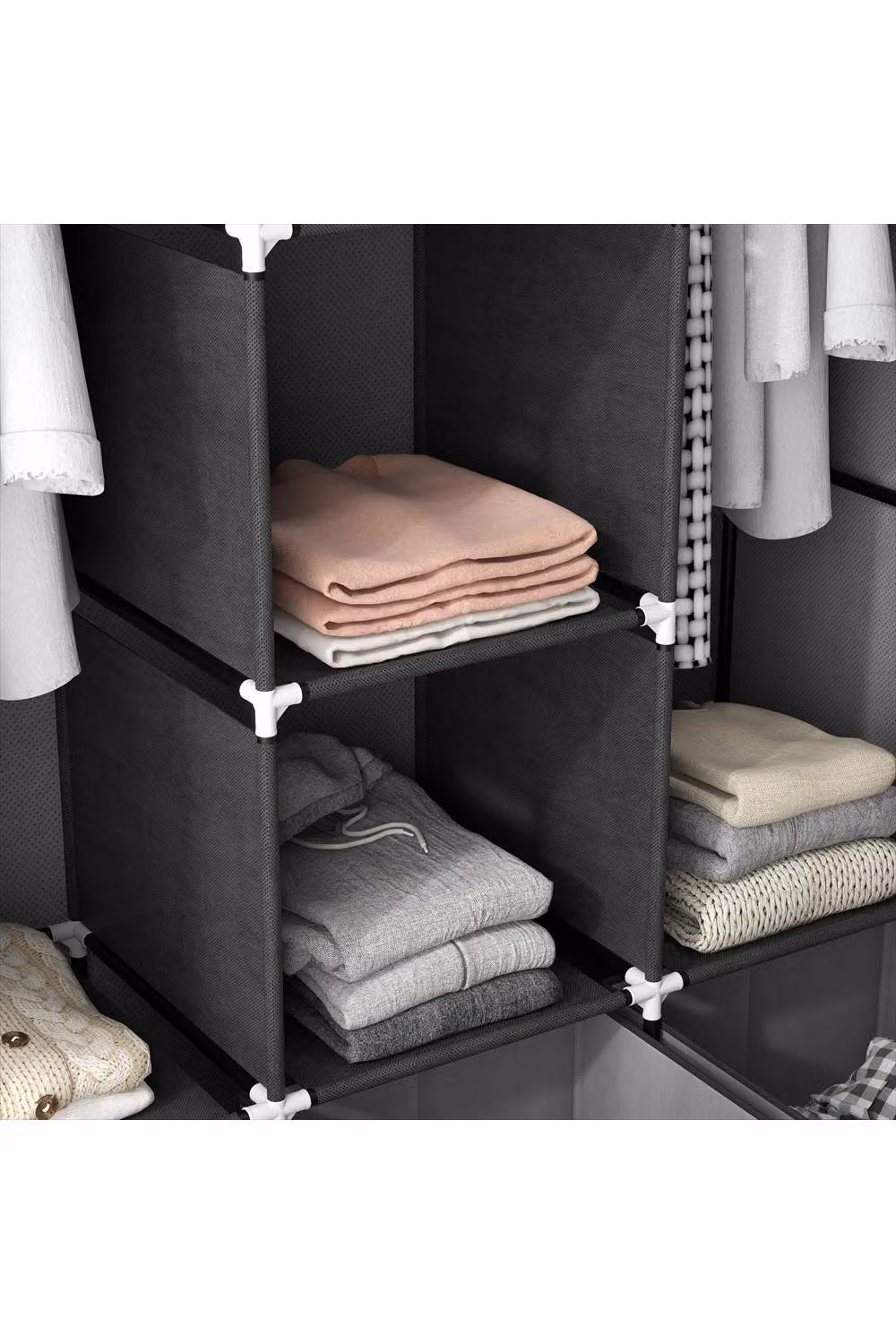 ERGOVEXA Portable Fabric Wardrobe with Internal Shelves, Hanging Rod and Integrated Drawers, Grey – 3