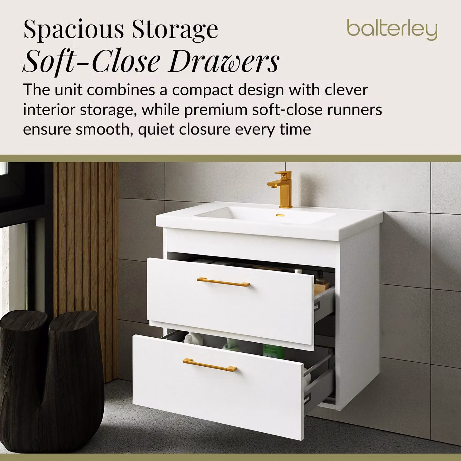 Balterley White Glossy Wall Hung Bathroom Vanity Basin Unit with Brushed Brass Handles, Width: 60 cm – 3