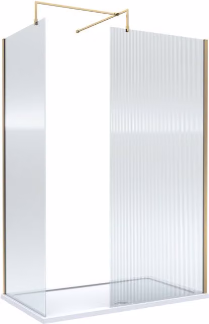Balterley Walk-in Wetroom Screen and Tray Set with 8mm Patterned Glass and Brushed Brass Profile in Gold, W/D/H: 140 x 90 cm