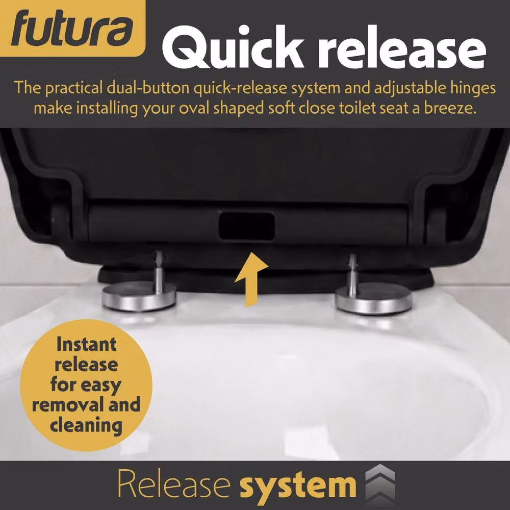 Futura D-Shaped Soft Close Toilet Seat in Black with Quick Release and Removable Features, W: 44.5 cm, D: 42.5 cm, H: 50 cm – 2