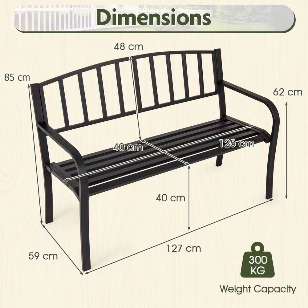 Kelvenix Modern Metal Garden Bench in Matt Black, Width: 127 cm – 2