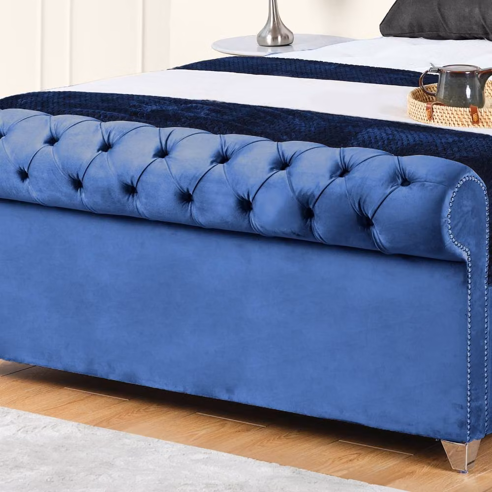 UK Bed Furniture Chesterfield Sleigh Ottoman Bed in Blue Velvet, Size: Double (140 x 200 cm) – 3