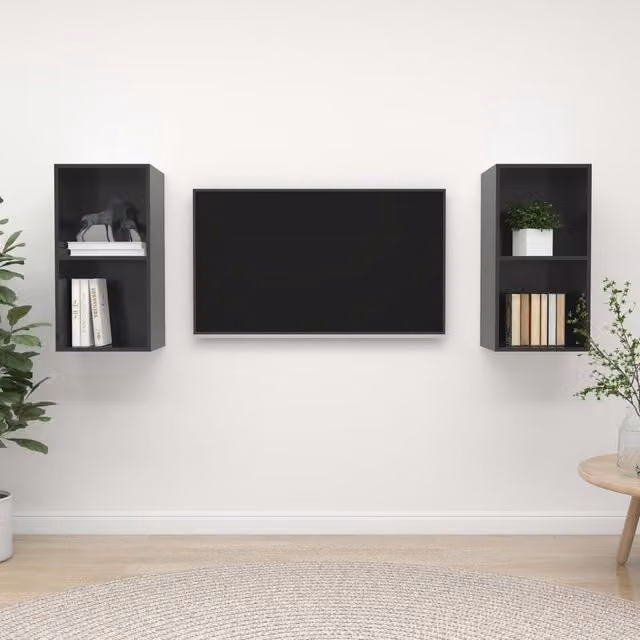 Berkfield Home Set of 2 Wall-mounted High Gloss Grey TV Cabinets in Engineered Wood – 1