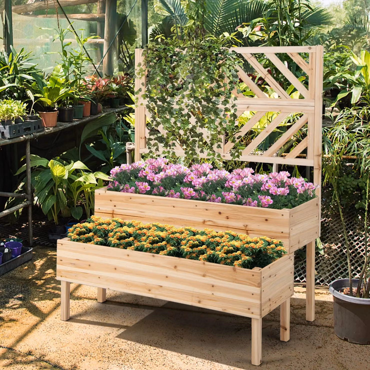 Costway 2-Tier Wooden Raised Garden Bed with Trellis in Brown or Sand – 3