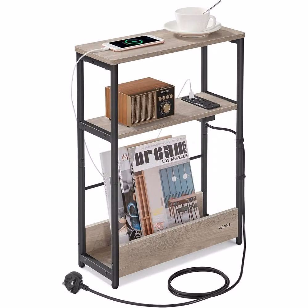 The Bazaarist Narrow Bedside Charging Table with Magazine Holder in Grey and Black, W: 58.0 cm, D: 45.0 cm – 2