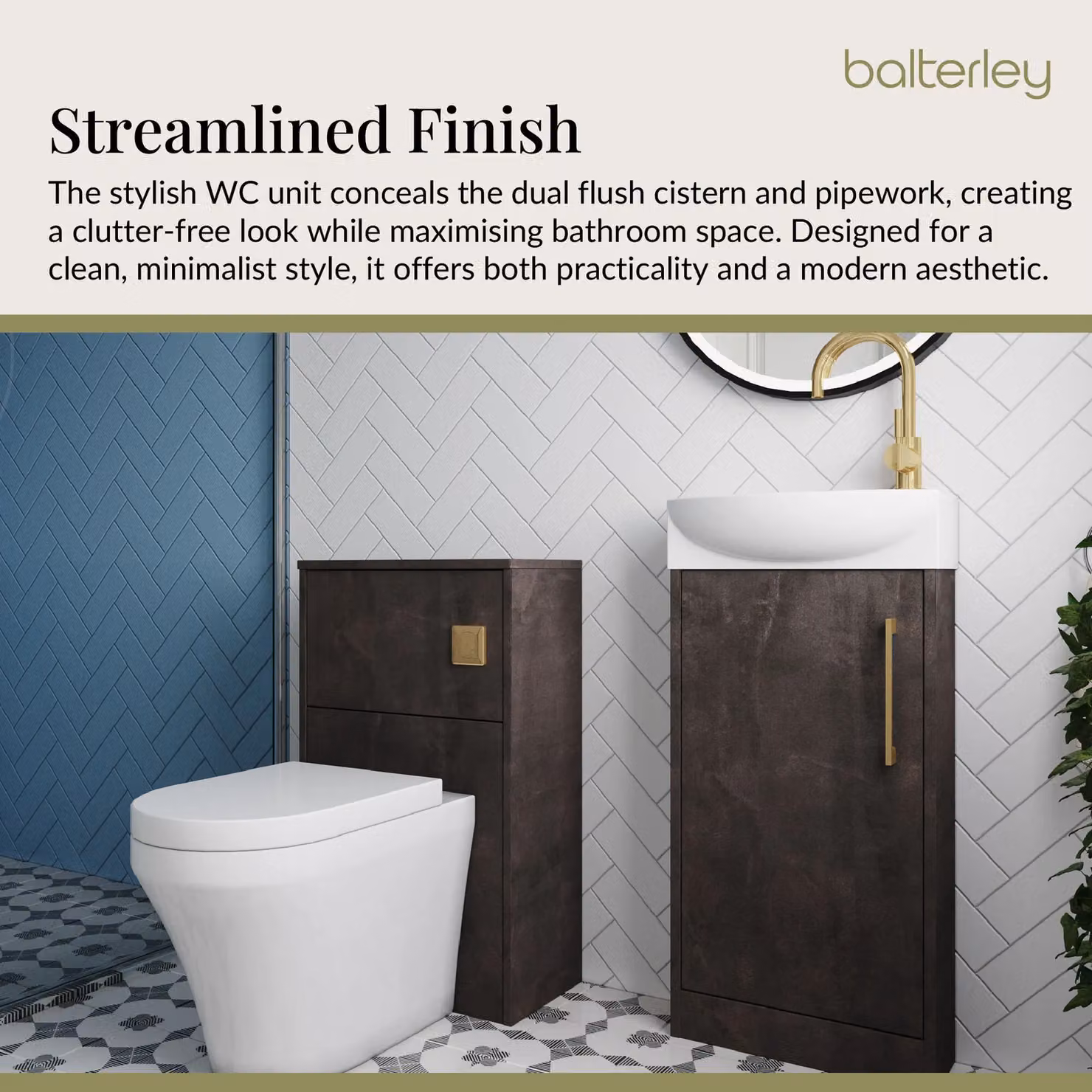 Balterley Grey Cloakroom Suite with Left Hand Vanity, WC, Toilet and Tap Set in Slate Brass, Width: 44 cm – 3