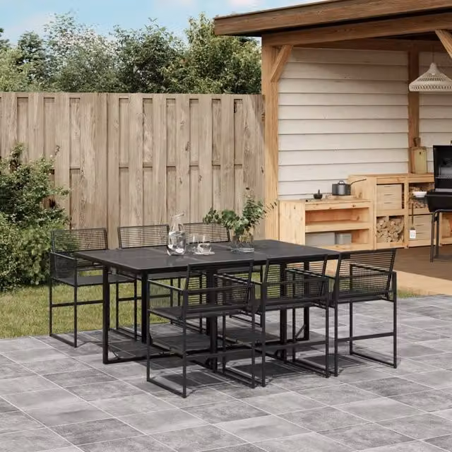 Berkfield Home 7 Piece Modern Black Poly Rattan Garden Dining Set with Glass Tabletop – 1