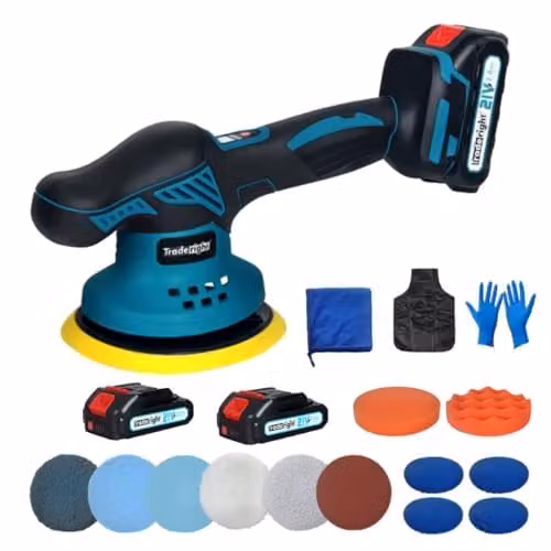 Traderight Cordless Dual Action Car Polisher with 2 x 21V 2.0Ah Rechargeable Batteries, 6-Speed 3700–5500RPM, 6in Buffer Machine for Waxing and Scratch Repair, Multicolour