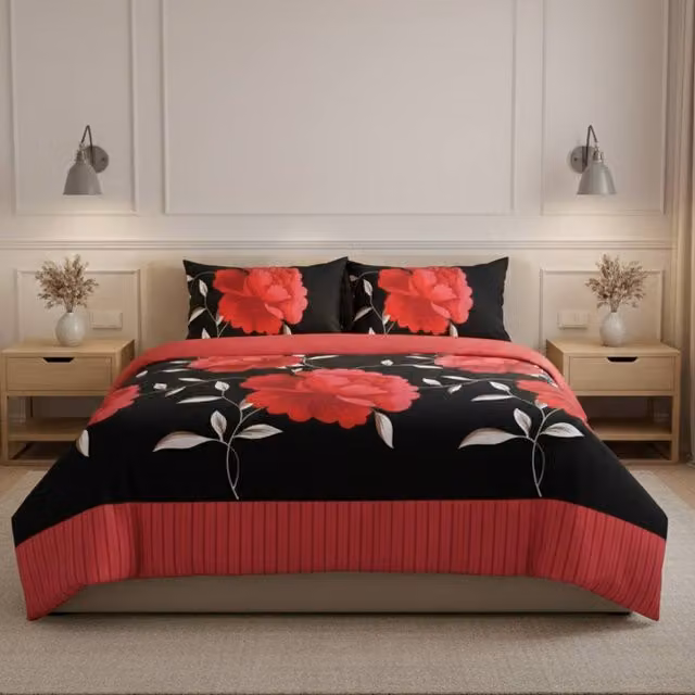 Snug City Reversible Floral Duvet Set and Pillowcase in Red, Size: Double (140 x 200 cm) – 1