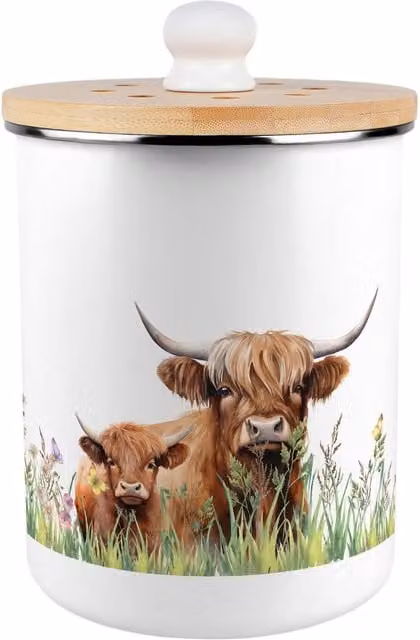 Purely Home Highland Cow and Calf Metal Food Waste Caddy with Flip Lid, 2L, Brown and White