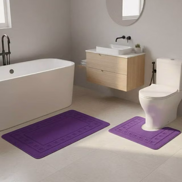 Snug City 2 Piece Box Design Bath Mat Set in Purple, W: 80 cm, D: 50 cm – 1