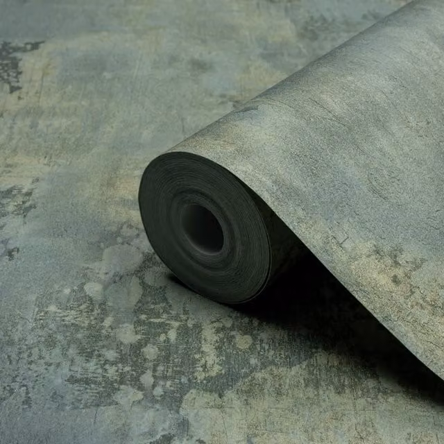 Grandeco Abstract Industrial Galvanised Metallic Plaster Vinyl Wallpaper in Blue Green Petrol