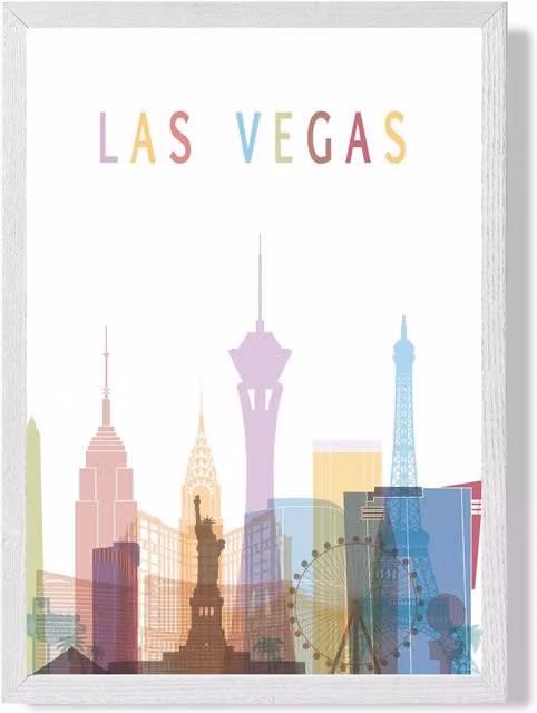 ARTZE Las Vegas Colourful City Skyline Framed Print in Pale Blue and White